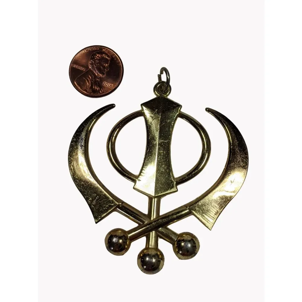 Large Khanda Pendant Gold Tone Religious Protective Amulet Charm Sikhism